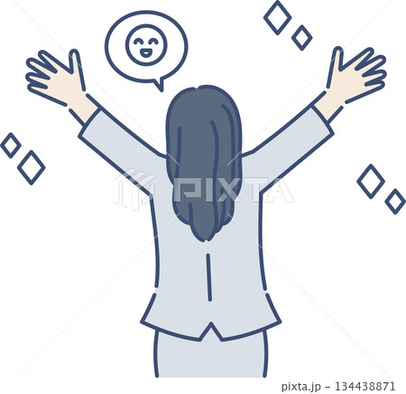 嬉しくてバンザイをする後ろ姿のビジネスウーマンのイラスト 134438871