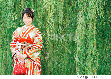柳の木の下に立つ着物（振袖）の女性 134438935