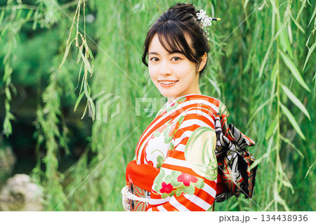 柳の木の下に立つ着物（振袖）の女性 134438936