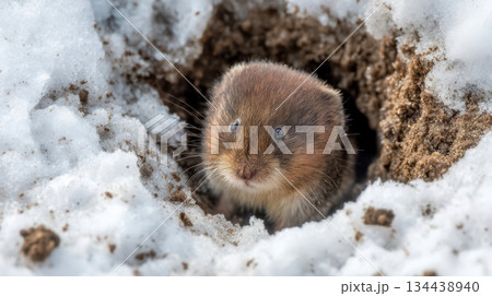 A curious field mouse peeks out from a snow-covered burrow entrance, a winter wildlife landscape in its natural habitat and cold season atmosphere 134438940