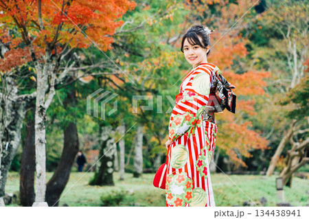 柳の木の下に立つ着物（振袖）の女性 134438941