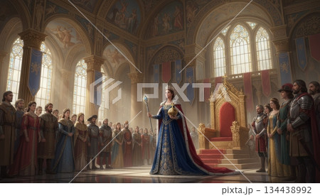 Queen Standing in Coronation Ceremony Holding Scepter and Globus Cruciger Queen Standing in Coronation Ceremony Holding Scepter and Globus Cruciger 134438992
