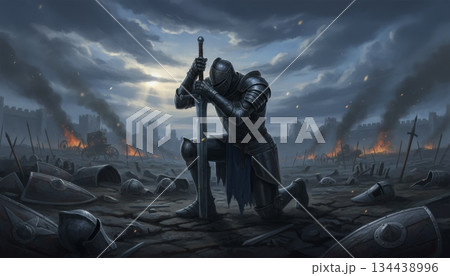 Knight Kneeling with Sword in Post-Battle Field, Dark Sky with Sunlight Breaking Through 134438996