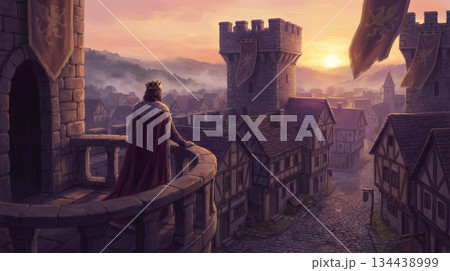 King Standing on Castle Balcony Overlooking Medieval Town 134438999