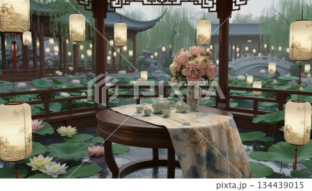 Small Tea Table in Pavilion over Lotus Pond in Chinese Garden, 3D Style 134439015