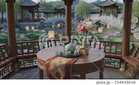 Small Tea Table in Pavilion over Lotus Pond in Chinese Garden, 3D Style 134439016