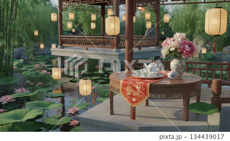 Small Tea Table in Pavilion over Lotus Pond in Chinese Garden, 3D Style 134439017