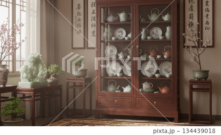 Chinese-Style Wooden Glass Cabinet Displaying Ceramic Teapots and Plates with Surrounding Chinese Decor Chinese-Style Wooden Glass Cabinet Displaying Ceramic Teapots and Plates with Surrounding Chinese Decor 134439018