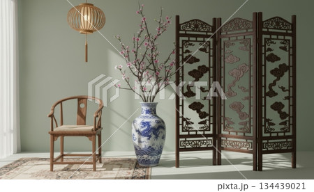 Chinese-Style Screen with Floor Vase Holding Plum Branches, Wooden Chair, and Hanging Bamboo Lantern 134439021