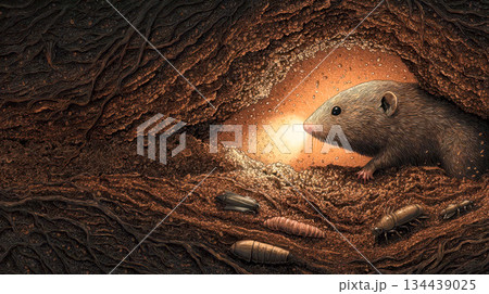 An underground mole explores an illuminated insect tunnel, an artistic cross-section of subterranean fauna and natural habitat 134439025