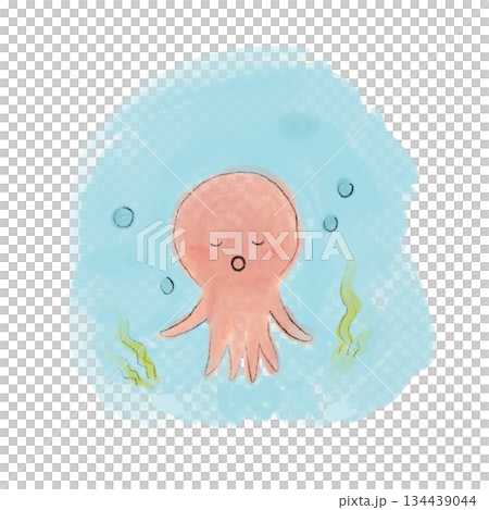 海の中で静かに浮かぶタコのイラスト 134439044