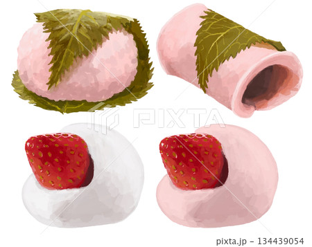 桜餅といちご大福のイラストセット 134439054