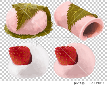 Sakura mochi and strawberry daifuku illustration set 134439054