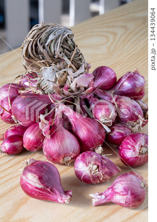 Fresh Red Onions on Wooden Table 134439064