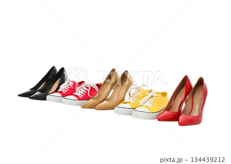 Collection of various shoes on a white background, PNG 134439212