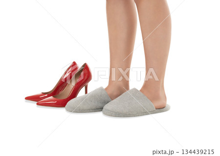 Two types of shoes near female feet in clear background, PNG 134439215
