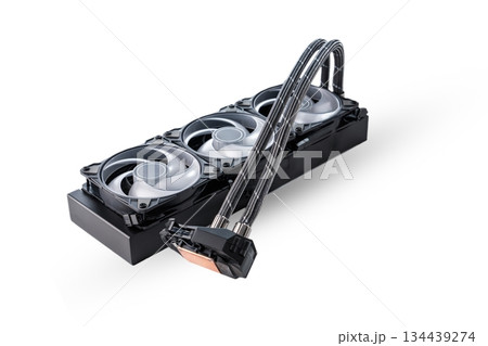 Efficient Computer Cooling System for Overclocking with Three Fans. Isolated on White Efficient Computer Cooling System for Overclocking with Three Fans. Isolated on White 134439274