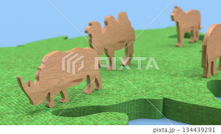 Wooden Wildlife Figures on Green Map Concept Background 3d render. Wooden Wildlife Figures on Green Map Concept Background 3d render. 134439291