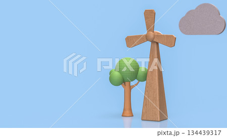 Wooden Wind Turbines and Trees Representing Clean Energy Concept 3d render. Wooden Wind Turbines and Trees Representing Clean Energy Concept 3d render. 134439317