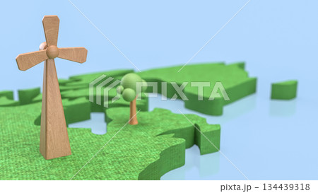 Renewable Energy Landscape with Wooden Wind Turbines 3d render. 134439318