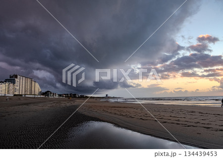 Nieuwpoort, West-Vlaanderen, Belgium, September 13th, 2025, A Dramatic and Colorful Beachscape at Nieuwpoort, West-Vlaanderen, Belgium, September 13th, 2025, A Dramatic and Colorful Beachscape at 134439453