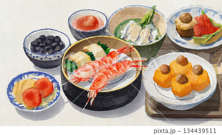 水彩で描いた美味しそうな日本料理 134439511