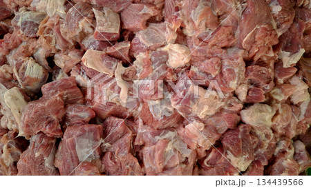 Raw Beef Meat Pieces Top View Background 134439566