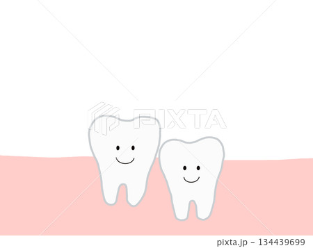 健康で元気な2本の下の歯:かわいいキャラクターのイラスト・主線あり 健康で元気な2本の下の歯:かわいいキャラクターのイラスト・主線あり 134439699