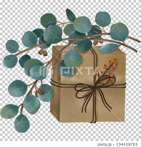 Watercolor illustration features a rustic gift box wrapped with twine and decorated with eucalyptus branches and delicate berries. 134439783