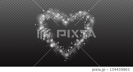 A heart-shaped trail made of glowing bokeh lights, sparkling particles, and glitter. This transparent overlay features a romantic and magical shimmer, perfect for Valentine s Day, weddings, or any 134439903
