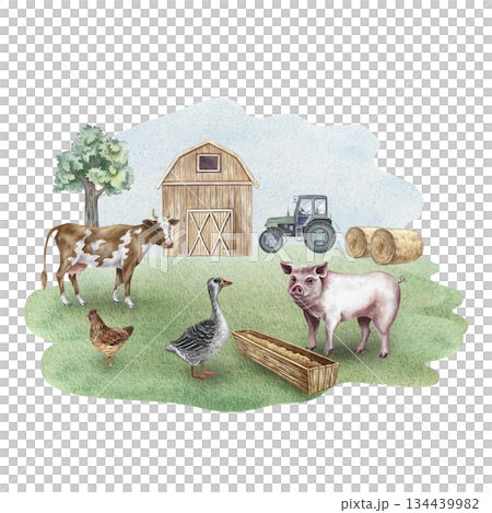 Farmyard. Hand-drawn watercolor illustrations. Grazing farm animals and birds. Cow, pig, goose, chicken. Concept of the livestock industry. Design elements for banners, labels, postcards, and more. Farmyard. Hand-drawn watercolor illustrations. Grazing farm animals and birds. Cow, pig, goose, chicken. Concept of the livestock industry. Design elements for banners, labels, postcards, and more. 134439982