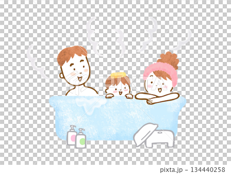 手繪插圖，描繪了一家三口（父親、母親和男孩）正在洗澡。 134440258