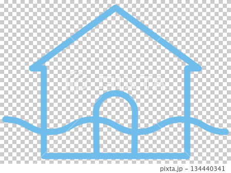 A simple line icon of a house depicting flood damage, disaster prevention measures, water damage, and underfloor flooding A simple line icon of a house depicting flood damage, disaster prevention measures, water damage, and underfloor flooding 134440341