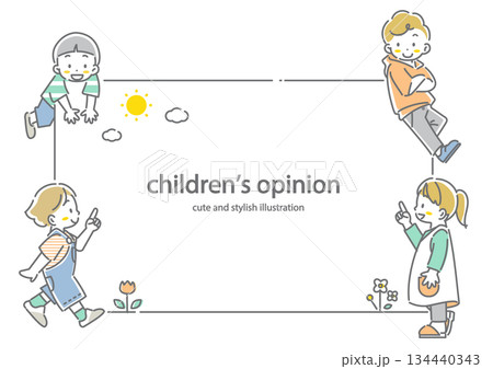 かわいい小学生の子供たちのフレーム　お洒落でかわいい線画イラスト 134440343