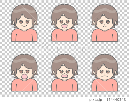 いろんな表情をしている髪の短い女性のイラスト①　茶髪×ピンク 134440348