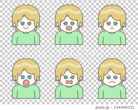 いろんな表情をしている髪の短い女性のイラスト①　金髪×緑 134440352