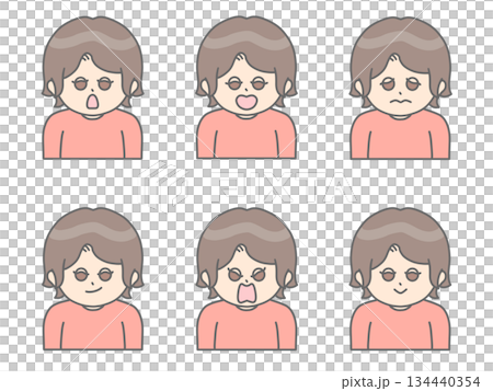 Illustration of a woman with short hair and various facial expressions ② Brown hair x Pink 134440354