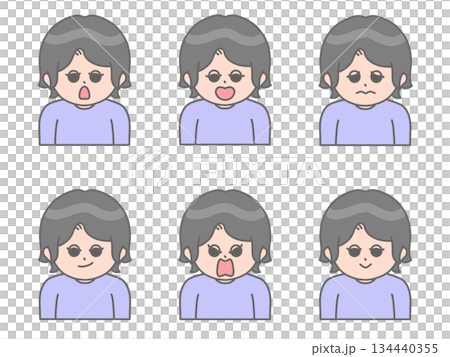Illustration of a woman with short hair and various facial expressions ② Black hair x purple 134440355