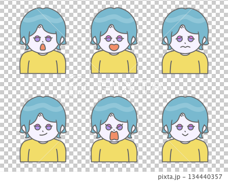 Illustration of a woman with short hair and various facial expressions ② Vivid color Sky blue Illustration of a woman with short hair and various facial expressions ② Vivid color Sky blue 134440357