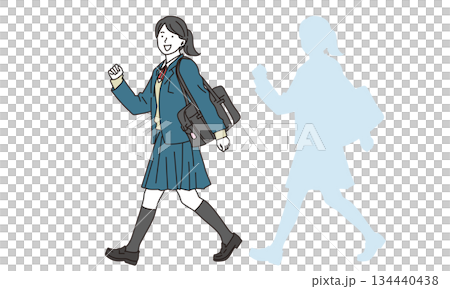 插畫素材：一位身穿制服的高中女生微笑著行走 134440438