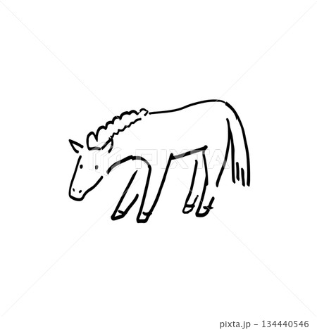2026年午年にぴったり！のんびり草を食べるかわいい馬の線画イラスト 134440546