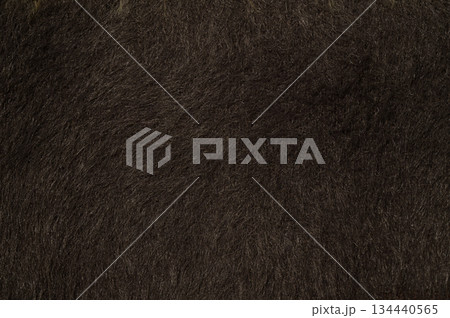Close-up of dark brown faux fur or thick animal hair, often used for winter garments or home decor. 134440565