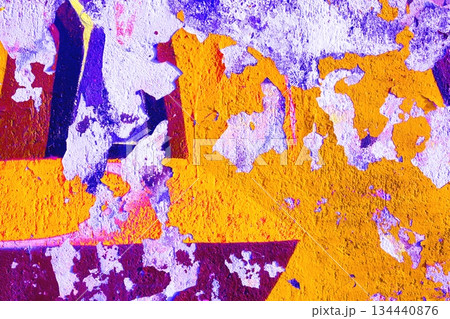 Vibrant Abstract Peeling Paint Texture in Orange, Purple, Yellow for Modern 80s, Retro Design Vibrant Abstract Peeling Paint Texture in Orange, Purple, Yellow for Modern 80s, Retro Design 134440876