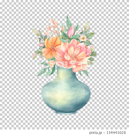 Vase of spring flowers. Delicate watercolor bouquet floral composition. Ceramic vase with elegant blooming peonies. Hand drawn illustration isolated from background. Pastel color in vintage style 134441028