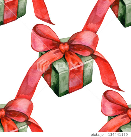 Watercolor seamless pattern with festive green gift boxes tied with bright red ribbons. A delightful Christmas-inspired motif for wrapping paper, textiles, holiday branding, packaging, stationery, and 134441159