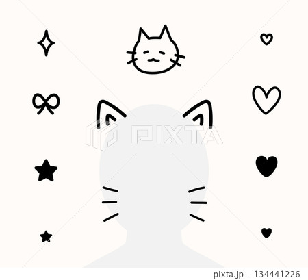 黒い線画の猫耳と落書きのデコレーション素材セット 134441226