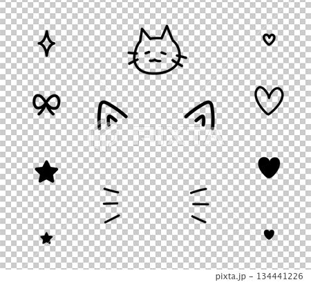 黒い線画の猫耳と落書きのデコレーション素材セット 134441226
