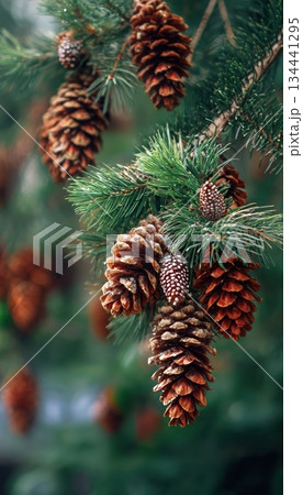 Pine cones hanging on evergreen branches in forest with moody light natural texture and seasonal background 134441295