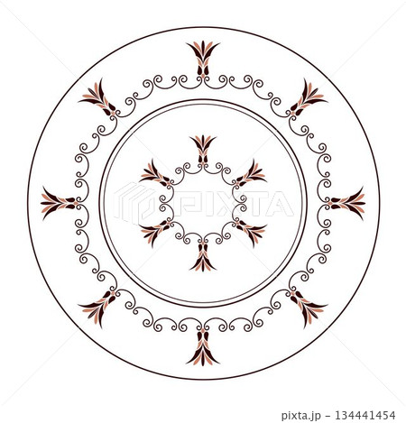 Greek porcelain plate with pattern on white background. Round frame arabesque. Plate with a large floral element in the center. Egyptian pattern. Pattern frame for circle ceramics, textiles, plate Greek porcelain plate with pattern on white background. Round frame arabesque. Plate with a large floral element in the center. Egyptian pattern. Pattern frame for circle ceramics, textiles, plate 134441454