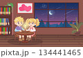 Romantic cartoon couple having candlelight dinner at home. Cute lovers holding hands near window with heart constellation view. Happy Valentine's Day concept. Night sky with moon and star on outside. 134441465